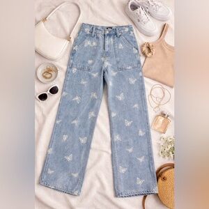 Simple Society Butterfly Print Wide Leg Jeans Light Wash High Rise - Size 3/26